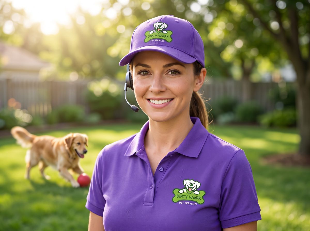 A smiling Dirty Work team member in a purple Dirty Work polo and cap, with a happy dog in the yard behind her
