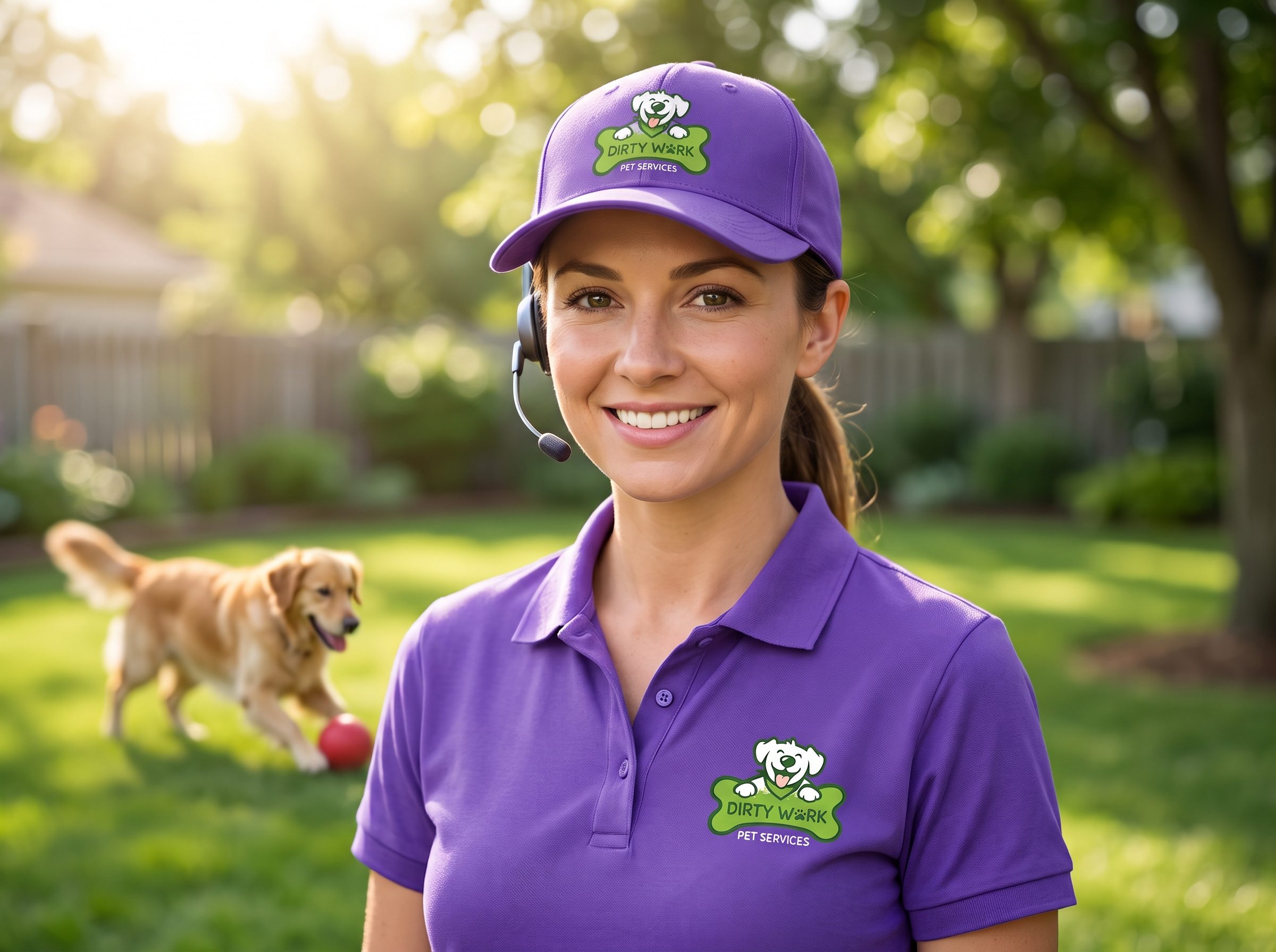 Dirty Work team member smiling in a backyard with a happy golden retriever