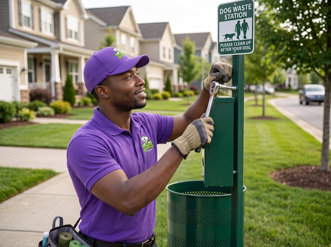 A Dirty Work technician in a purple uniform installing a dog waste station in a neighborhood
