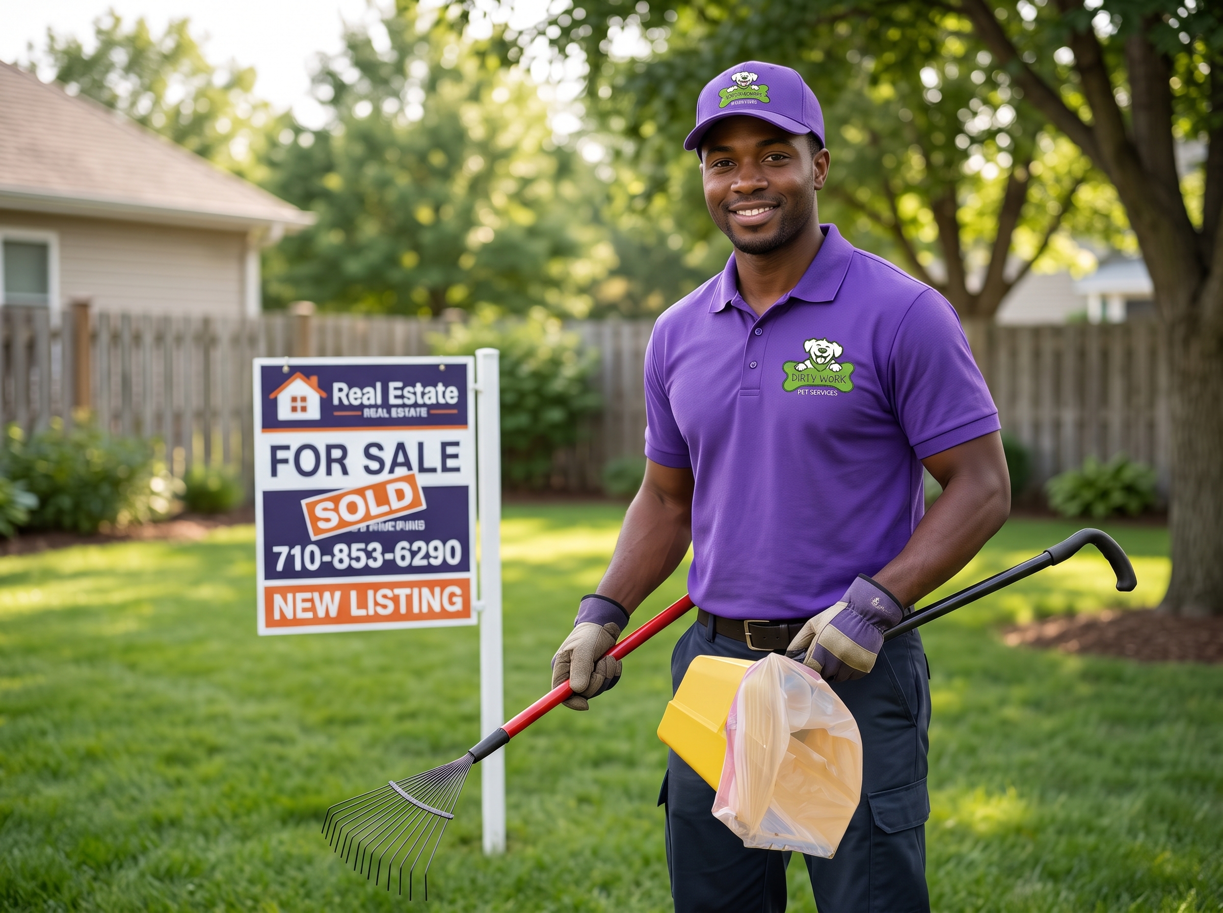 Dirty Work Pet Services technician in a purple uniform holding a rake and pooper scooper in a clean yard
