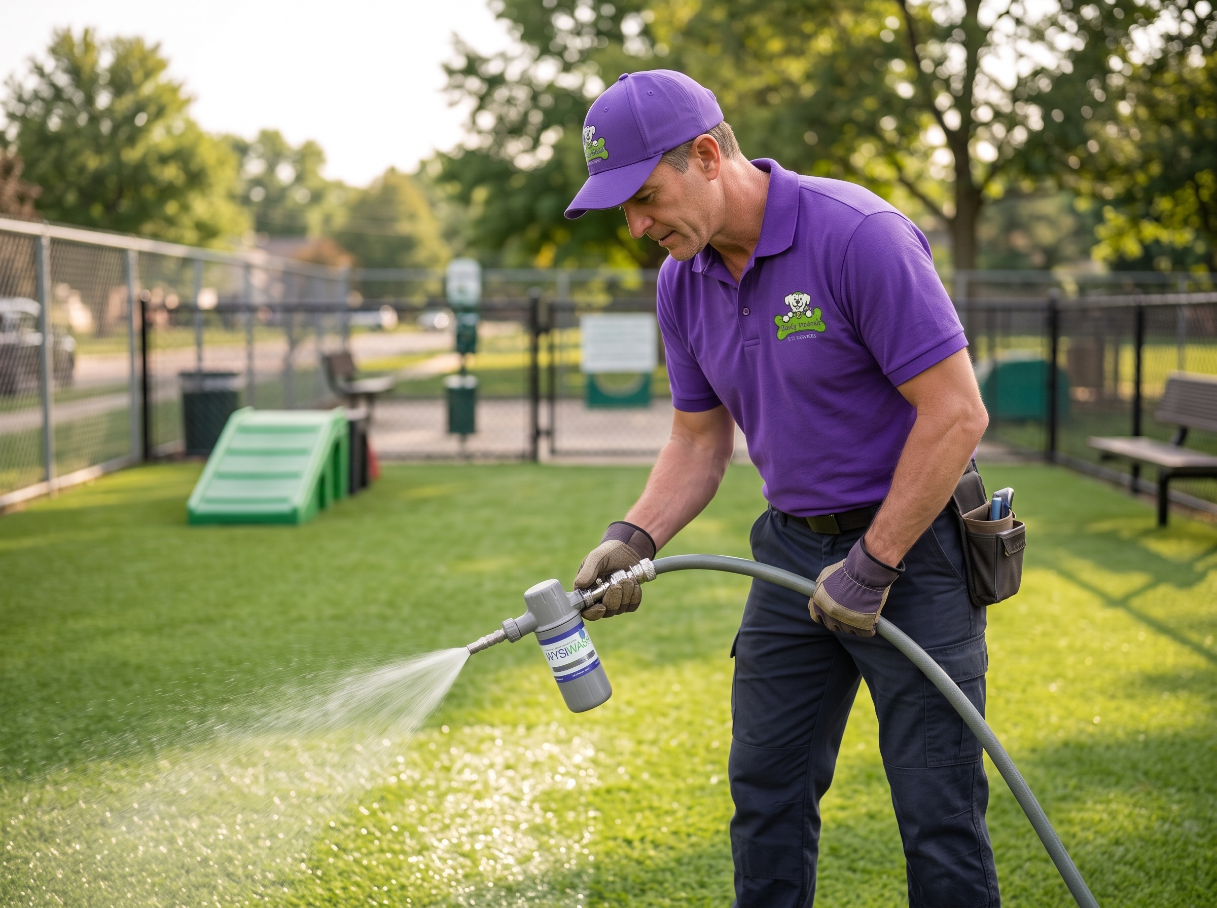 Dirty Work technician sanitizing dog park turf with a Wysiwash sanitizer